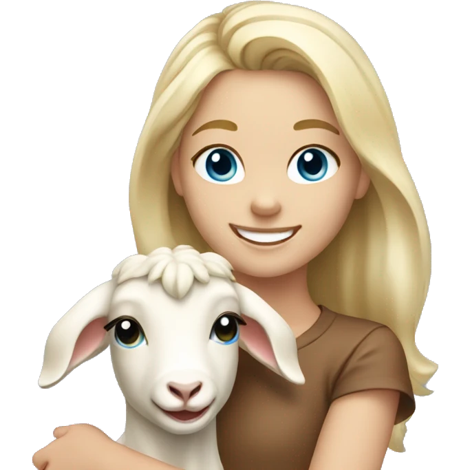 smiling girl with blonde hair blue eyes holding goat emoji