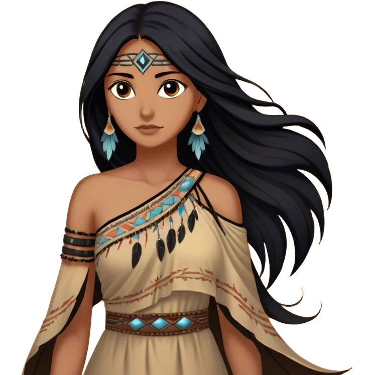 Cinematic Realistic Pocahontas Portrait, depicted with lifelike skin texture, soft natural lighting, and intricately detailed long, flowing raven-black hair that moves gracefully in the wind. Her deep, soulful dark brown eyes exude wisdom and strength, complemented by a serene yet powerful expression. She is dressed in her classic one-shoulder native american dress, with rich fabric textures and delicate beaded details that catch the light beautifully. The portrait features a soft, sun-kissed glow with a natural, radiant finish, capturing the essence of untamed beauty and deep connection to nature in a realistic and painterly style, evoking a sense of depth and authenticity. emoji