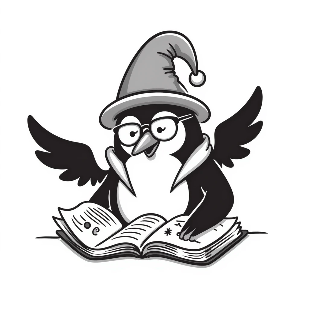 A whimsical penguin wizard studying a magical spellbook emoji