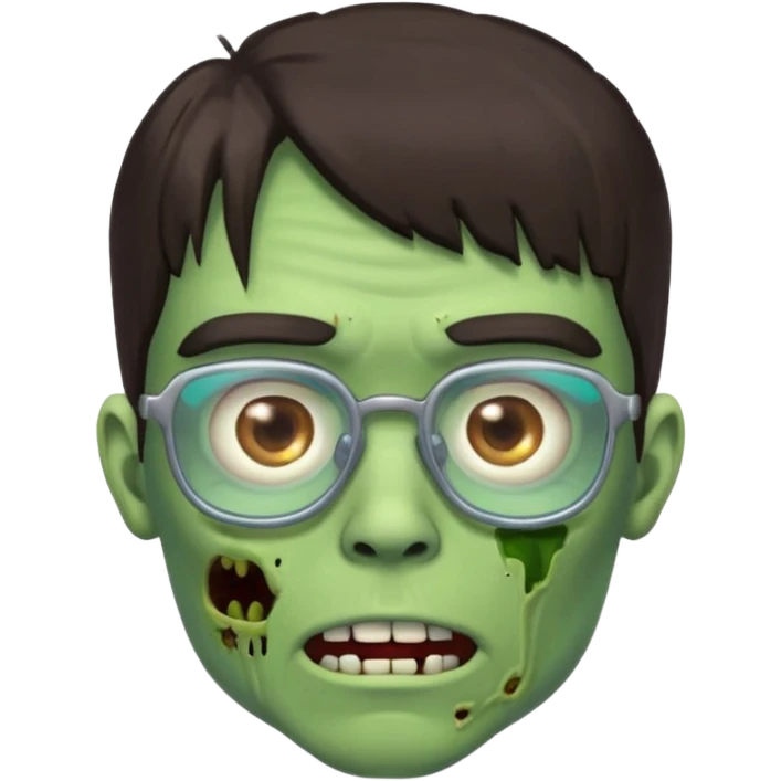 an emoji of a male green zombie with dark brown hair and female bangs that cover your entire forehead and extend to your eyebrows, wearing square, bluish glasses. emoji