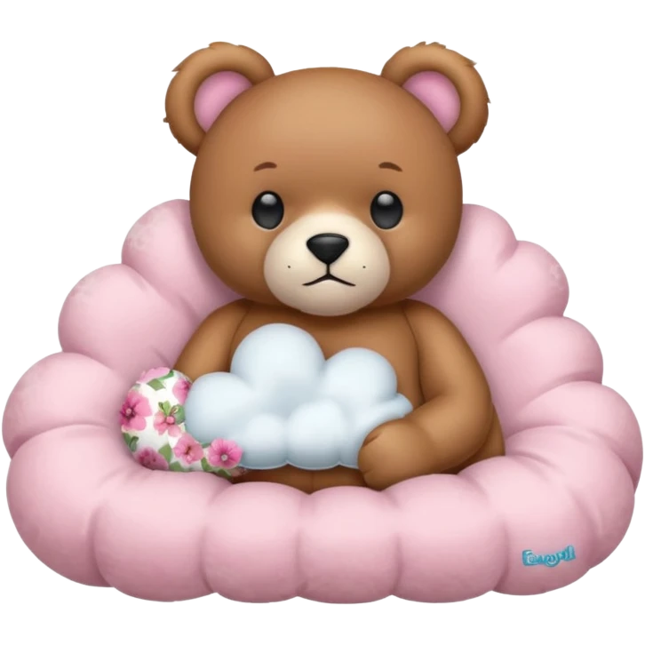 fluffy pink teddy bear in boxer stance, floral neck pillow, holding frilly cloud-shaped satin pillow in right hand, minimal and cute, iPhone emoji style emoji