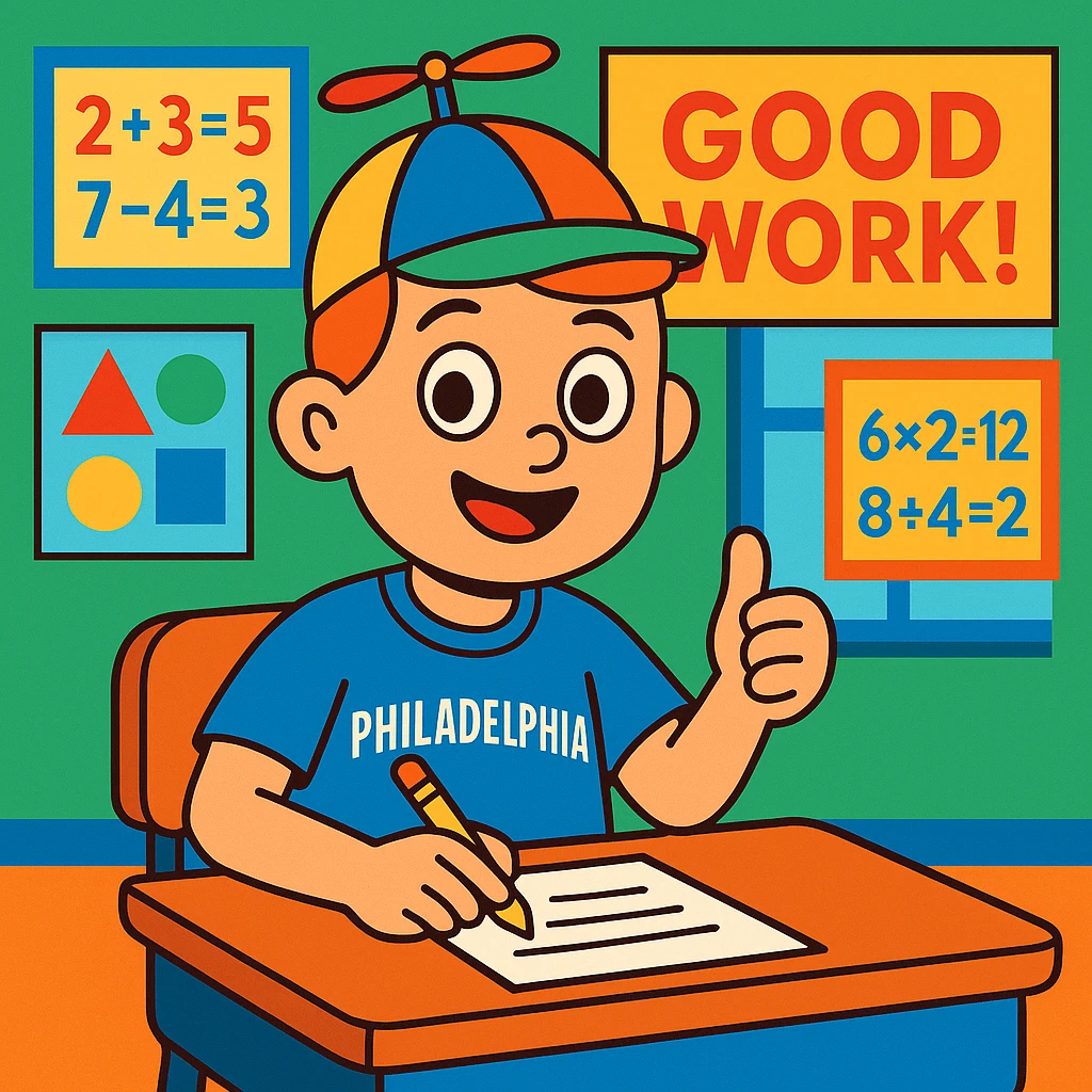 A boy named Little Johnny, propellor hat, Philadelphia sports shirt, in a classroom with math posters, demonstrating good work habits, colorful and friendly, positive and studious atmosphere emoji