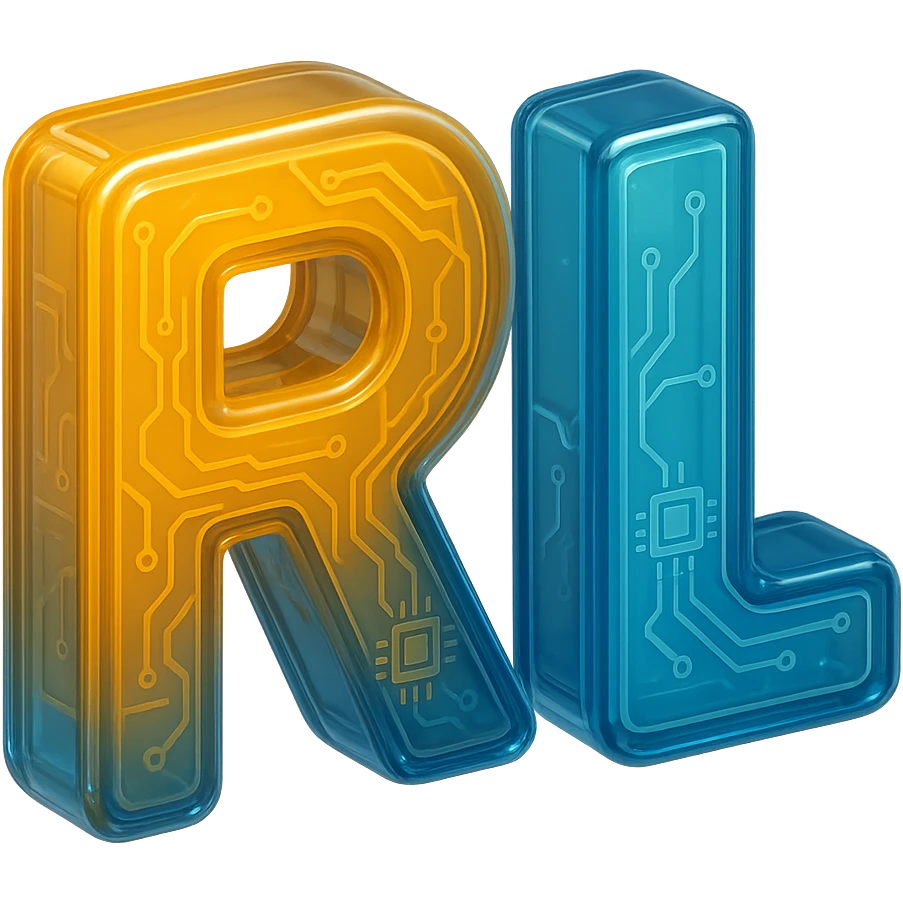 Add a tech-inspired icon such as a circuit, microchip, or digital element to the modern 'RL' logo. Keep the design minimalistic and professional with clean lines and a subtle metallic or gradient finish. Maintain the transparent background. emoji