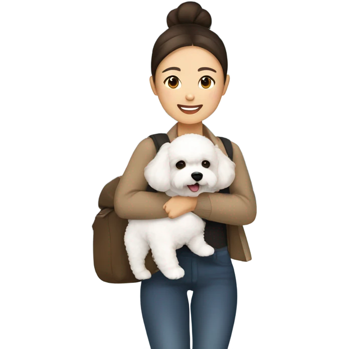 A hair-in-a-bun Asian woman, with brown hair, carrying a cute and happy Bichon Frise at the airport  emoji