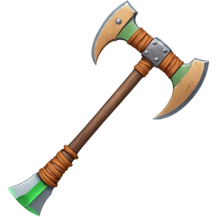 barbarian axe object icon, huge double-bladed axe, rough metal, wooden handle, leather wraps, fantasy style, 3D cartoon, mobile game icon style, centered, clean background, soft shadow, no text, no watermark
 emoji