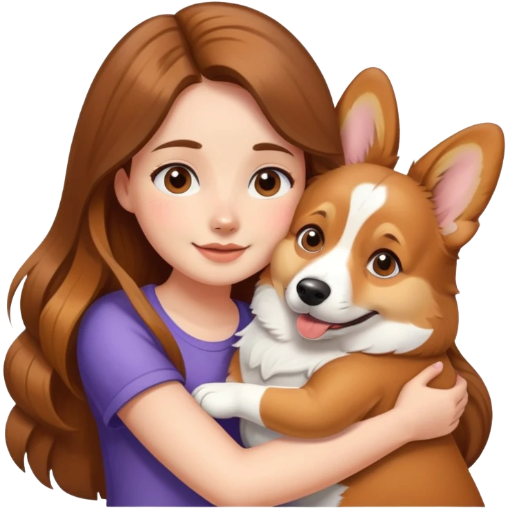 Girl with long brown hair hugs a corgi dog emoji