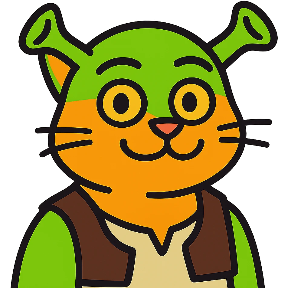 vibrant toon style cat as Shrek with green ogre ears and bold colors emoji