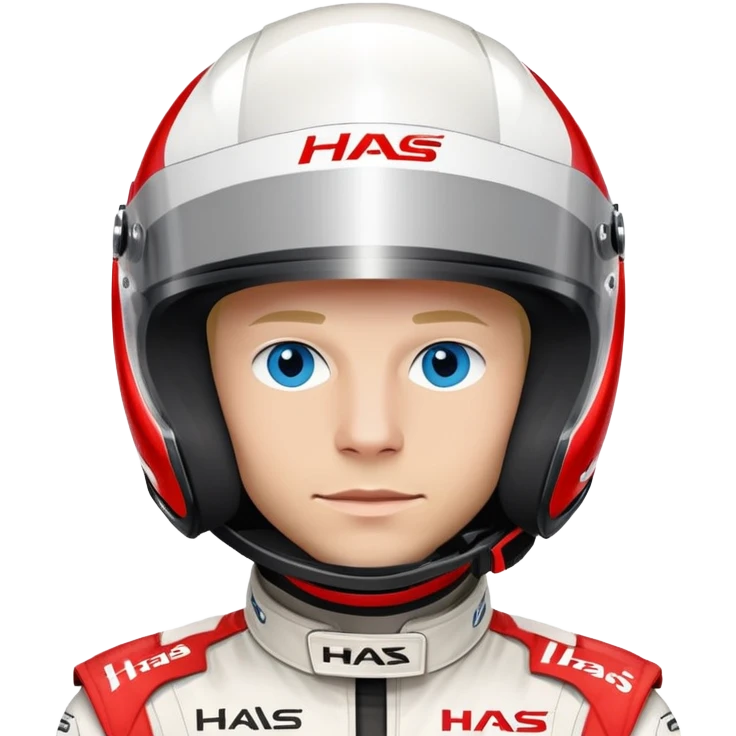 Kevin Magnussen, Formula 1 driver for Haas team, with blue eyes, wearing white and red Haas racing suit and helmet emoji