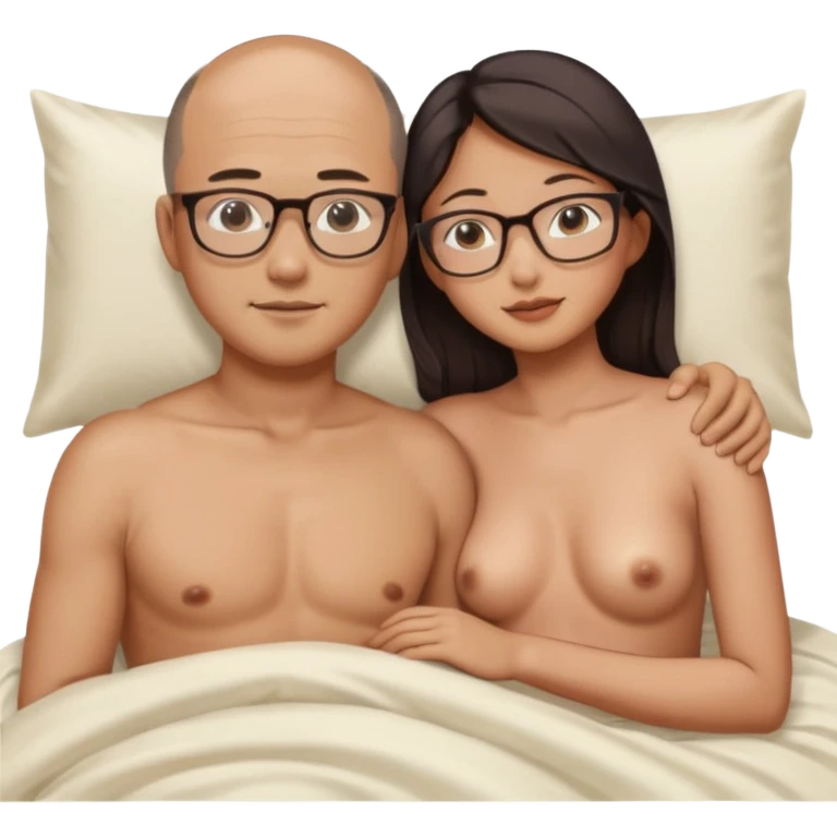 slightly balding asian man with glasses and asian woman naked in bed cuddling emoji