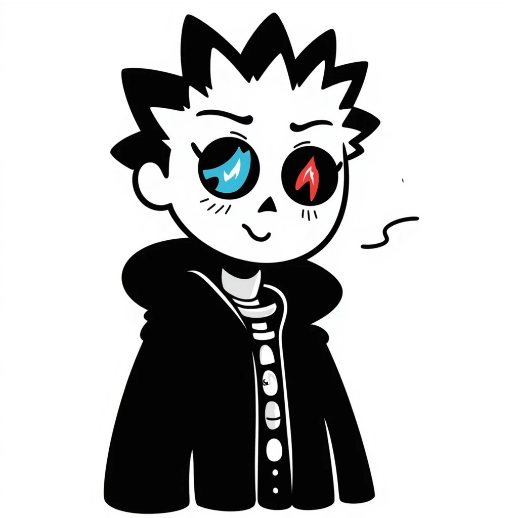 Error Sans, a skeleton character with a glitchy, corrupted appearance, blue and red eye, wearing a black jacket, inspired by Undertale, hand drawn doodle style emoji