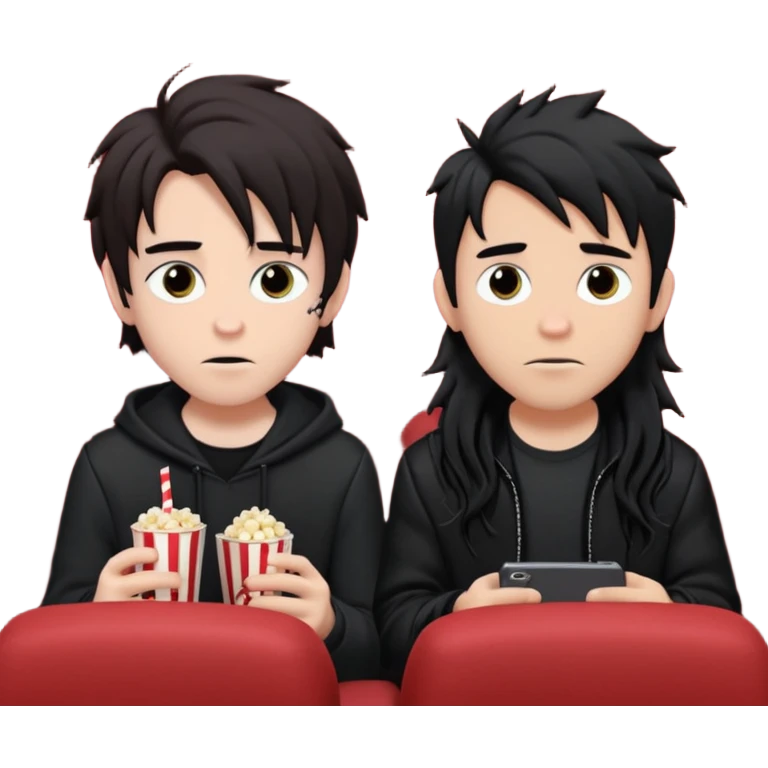 pale Goth boy with a bunch of face piercings, with shaggy dark brown hair, next to a tan skin gamer boy with long black hair , they are watching a movie in the theater together  emoji