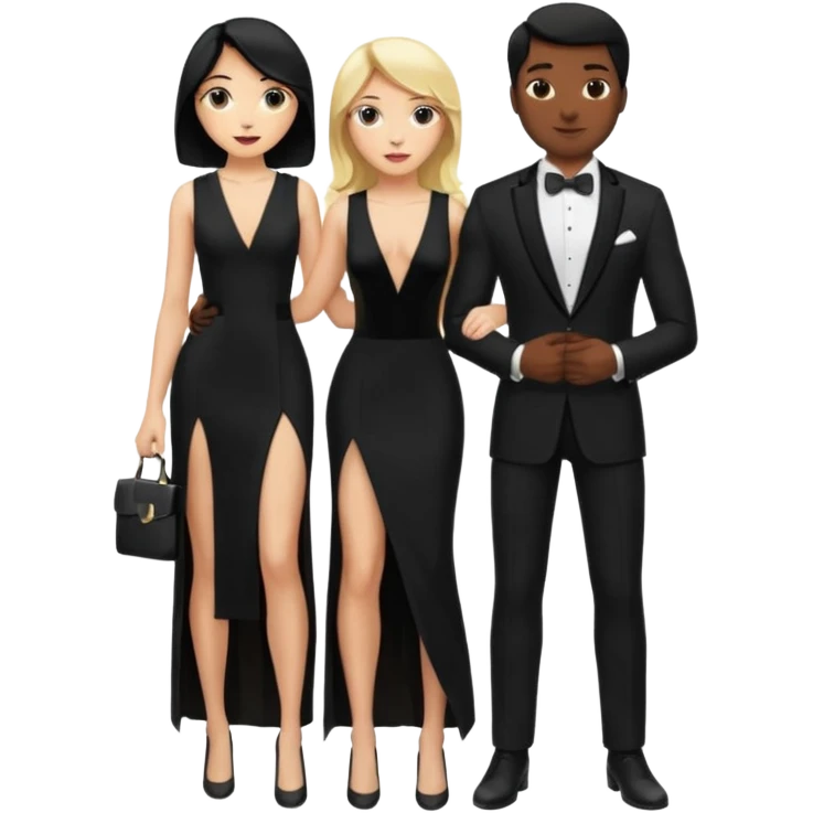 Blonde woman, black, Long, tight, sleveless Dress, Slot left Leg, man, black Hair, in Dinner jacket, Background ballroom emoji