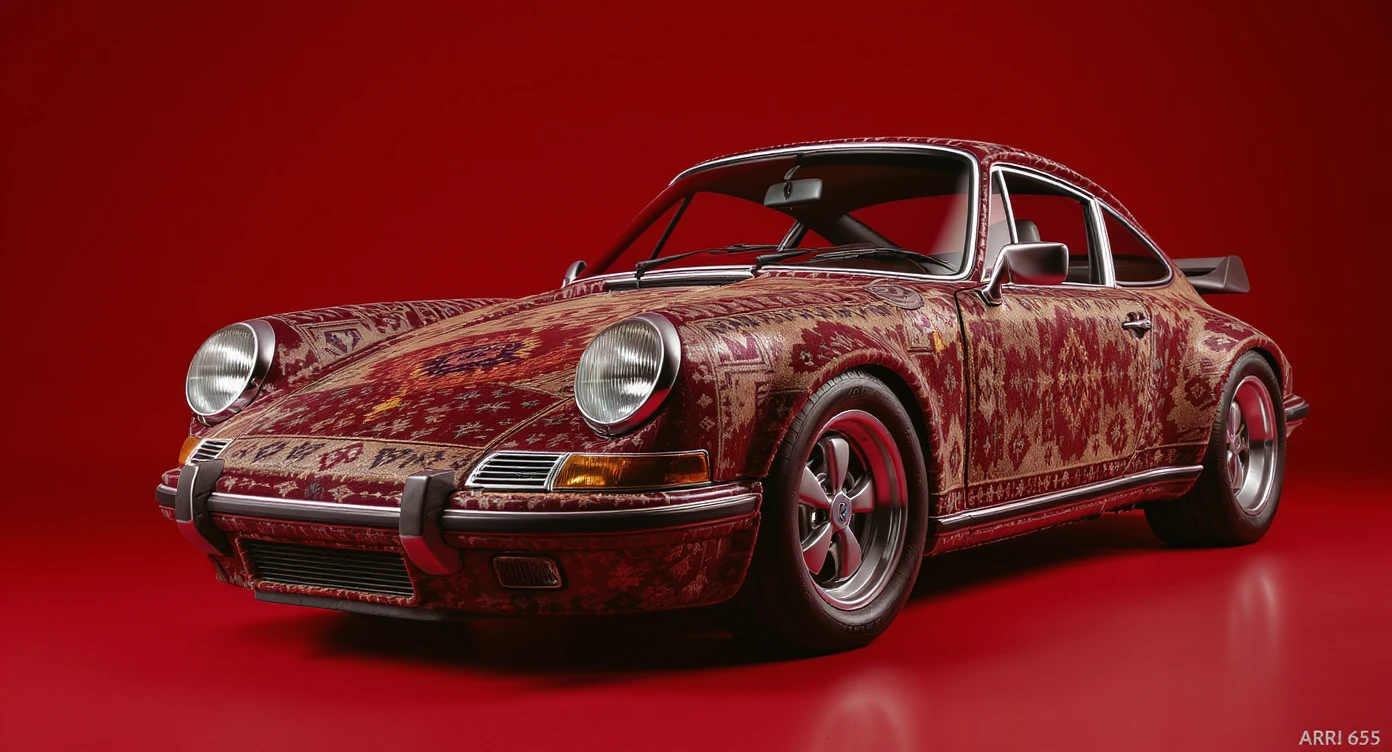 Closeup shot of a porsche 911, body of car made of russian carpet with patterns, red solid studio background, low keu light, top soft light, dutch angle,  captured by ARRI 65 emoji