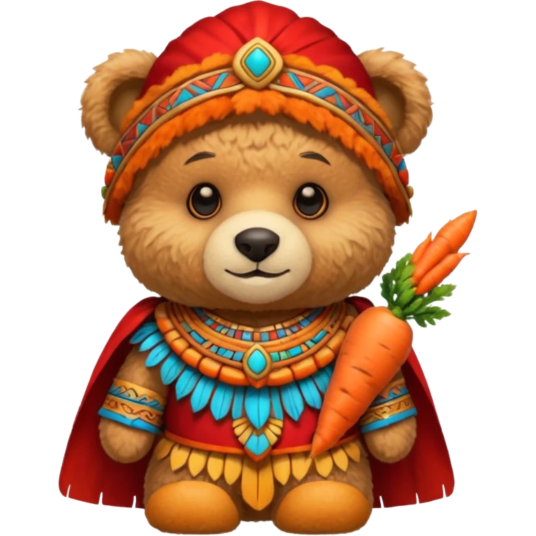 teddy bear Upper, wearing red mayan ancient custome, with carrot half body emoji