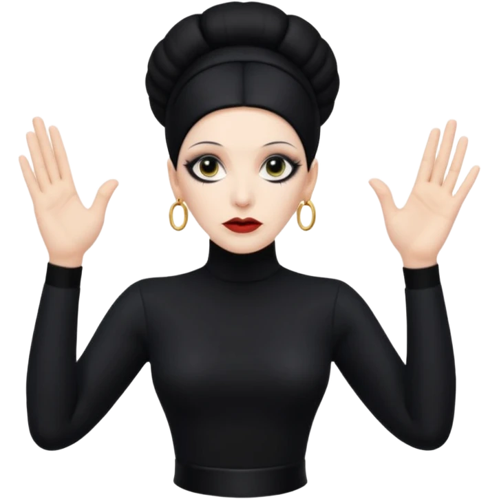 Lene Lovich shown as on the Stateless album cover with a typical symmetrical hand pose emoji