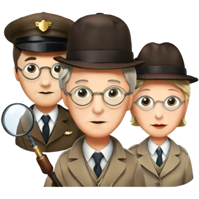 Icon for Detective Movies: A colorful collage with Sherlock Holmes, Miss Marple, and Pinkerton. Include magnifying glasses, clues, detective tools, a criminal and a policeman in the background. The design should evoke mystery and intrigue, with a classic detective movie feel. Transparent background. emoji