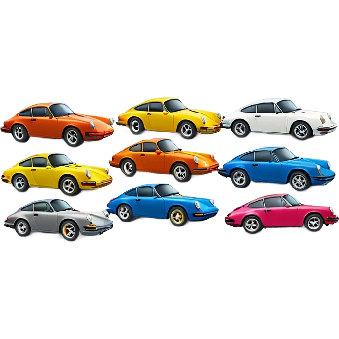 SIX CARS porsche 911 cars lined up next to each other all different colours emoji