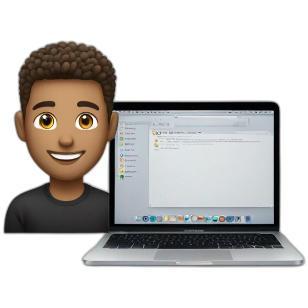 Smiling guy, barber fade haircut, wearing a black quarter zip sweater with white tee shirt under, tan skin tone, working on a MacBook Air emoji
