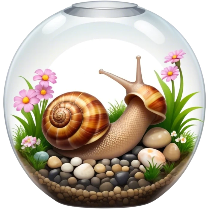 Close-up of large home snails inside a terrarium, showcasing their soft, spiral shells and glistening bodies, with a gentle light highlighting their details. With stones and grass and flowers. Transparent background. emoji