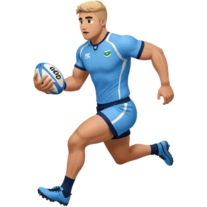 A rugby player running with the ball in sky blue kit & Navy shorts emoji