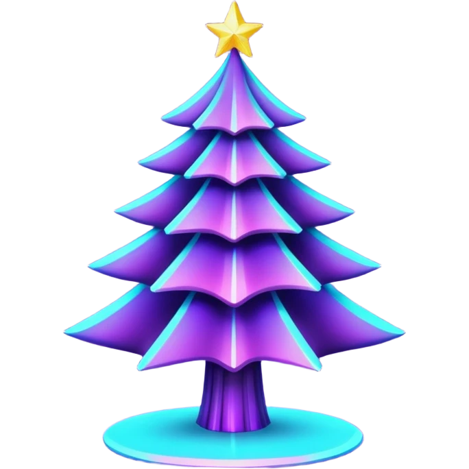 Futuristic glowing Christmas tree emoji with neon decorations, purple and cyan holographic glow, dark background, festive sparkles, no face. emoji