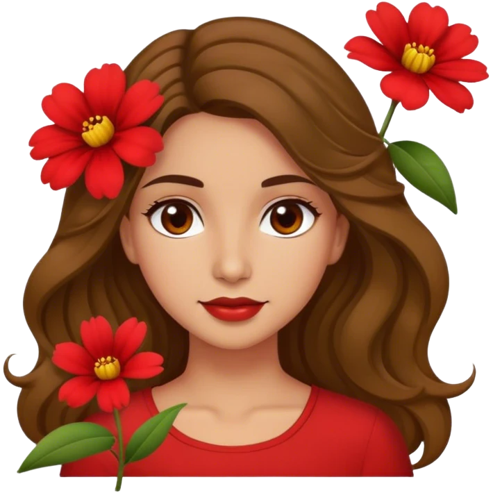 Olive brown eyed women with long wavy hair red flower background red top emoji
