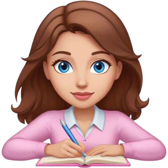 female writer happy, brown hair and blue eyes writing a light pink romance novel emoji
