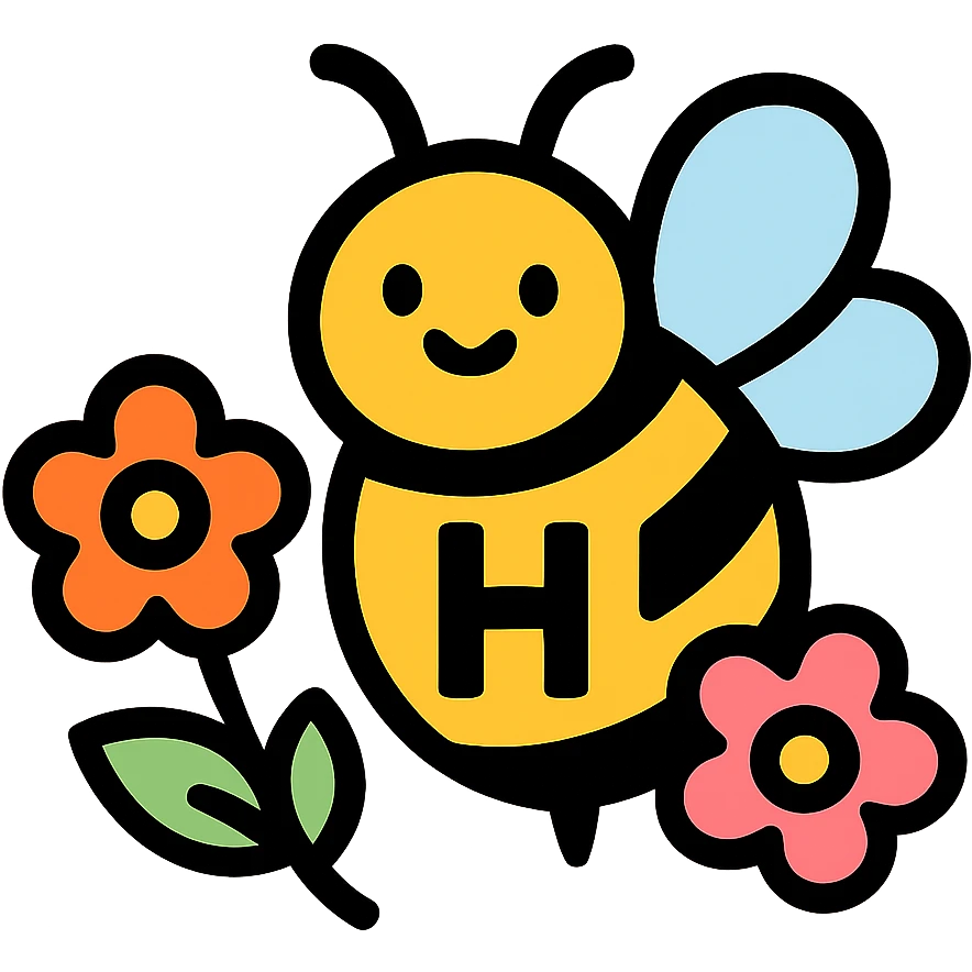 cartoonish bumblebee with the letter H, surrounded by flowers emoji