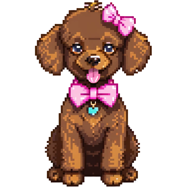 cute brown poodle with a pink bow on its head and tail, tongue sticking out, and a pink collar emoji