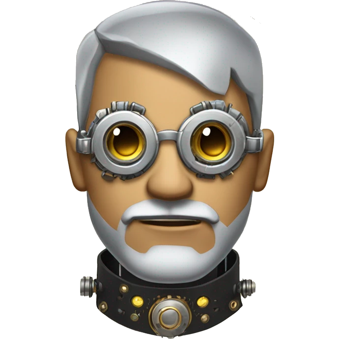 Tan shaved male Latino cyborg head with grey beard, silver steampunk monocle goggles and circuits emoji