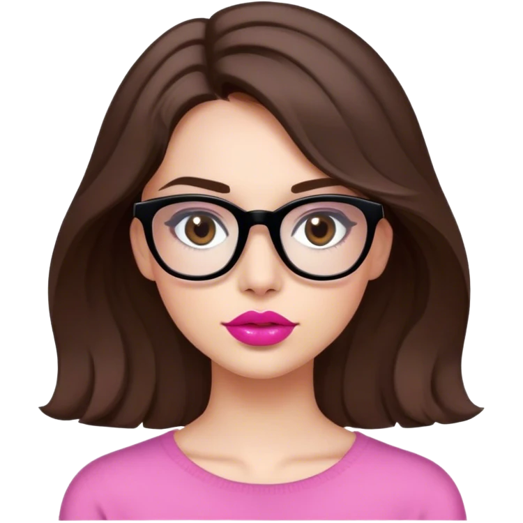 joven mujer de cabello por los hombros medio risado castaño, ojos marron oscuro, blanca, con gafas negras. labios rosados  emoji