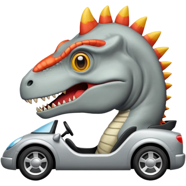 Dinosaurio  gris subido en un carro blanco tecnológico con lentes de realidad virtual emoji