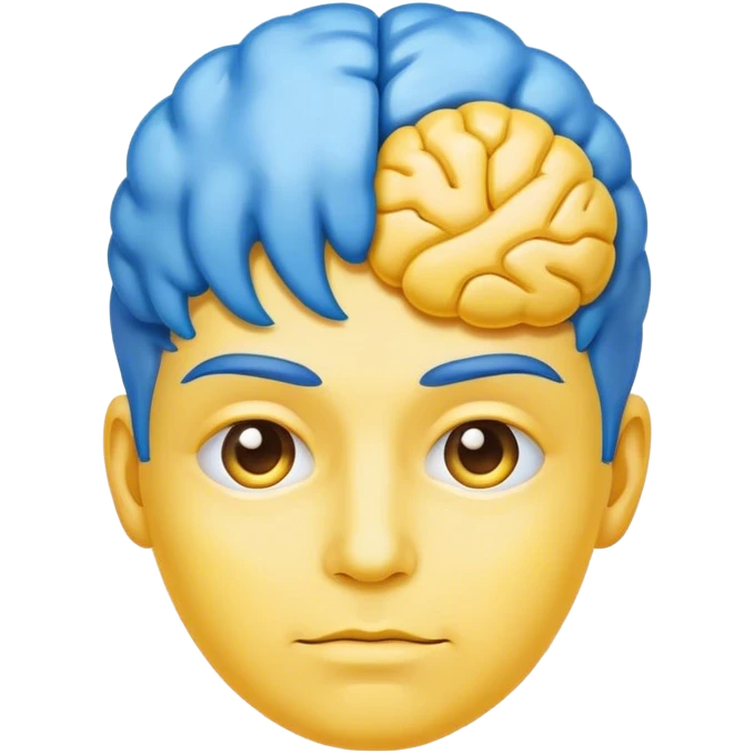 Adult person face emoji with yellow skin and a blue brain for hair emoji