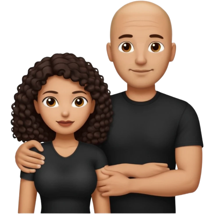 A picture of a tanned couple with the man's arm around her. the man is a Mexican man with tanned skin, a bald hair cut, short beard and wearing a black shirt. the woman is mixed, with long curly dark brown hair and with big boobs  emoji