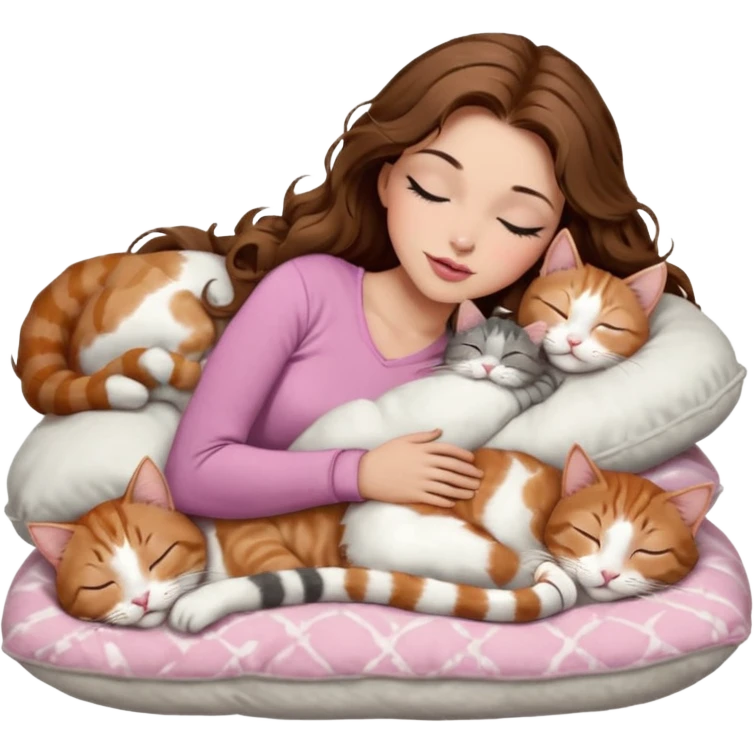 girl with long wavy brown hair, brown eyes, long lashes makeup, sexy pink lips, light to medium complexion,  sleeping on a cozy pillow, with 6 cats: 1 brown and white tabby cat, 1 ginger and white, 2 grey and white, 1 grey with white mittens and small white patch on chest and 1 calico, sleeping emoji