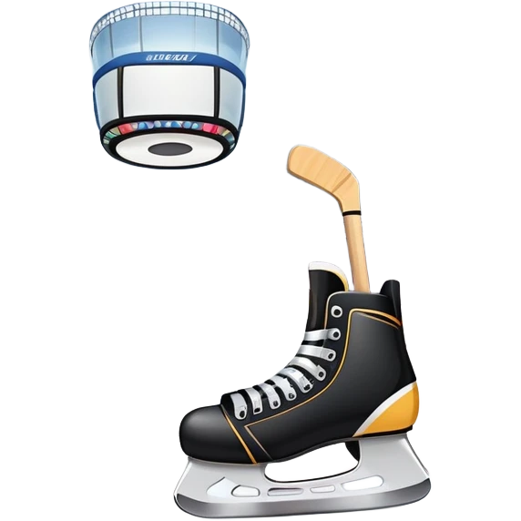 Please, make An icon featuring The background shows a packed stadium with cheering fans, bright arena lights, and an icy rink and close-up shots of key hockey equipment: a hockey stick, puck, and skates. Transparent background highlights the essentials of the game and the thrill of the sport. emoji