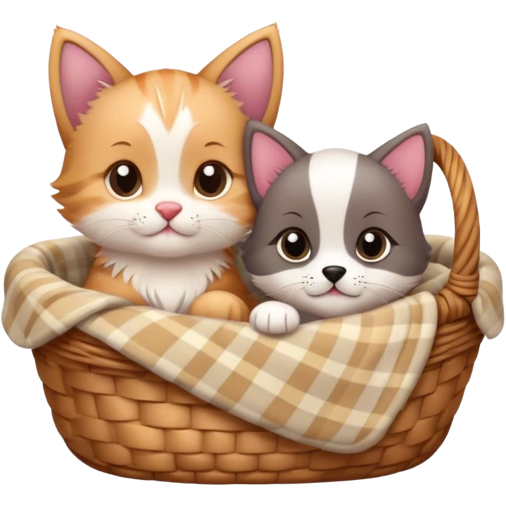 Disney-style cute kitten and puppy cozy in blanket basket  emoji