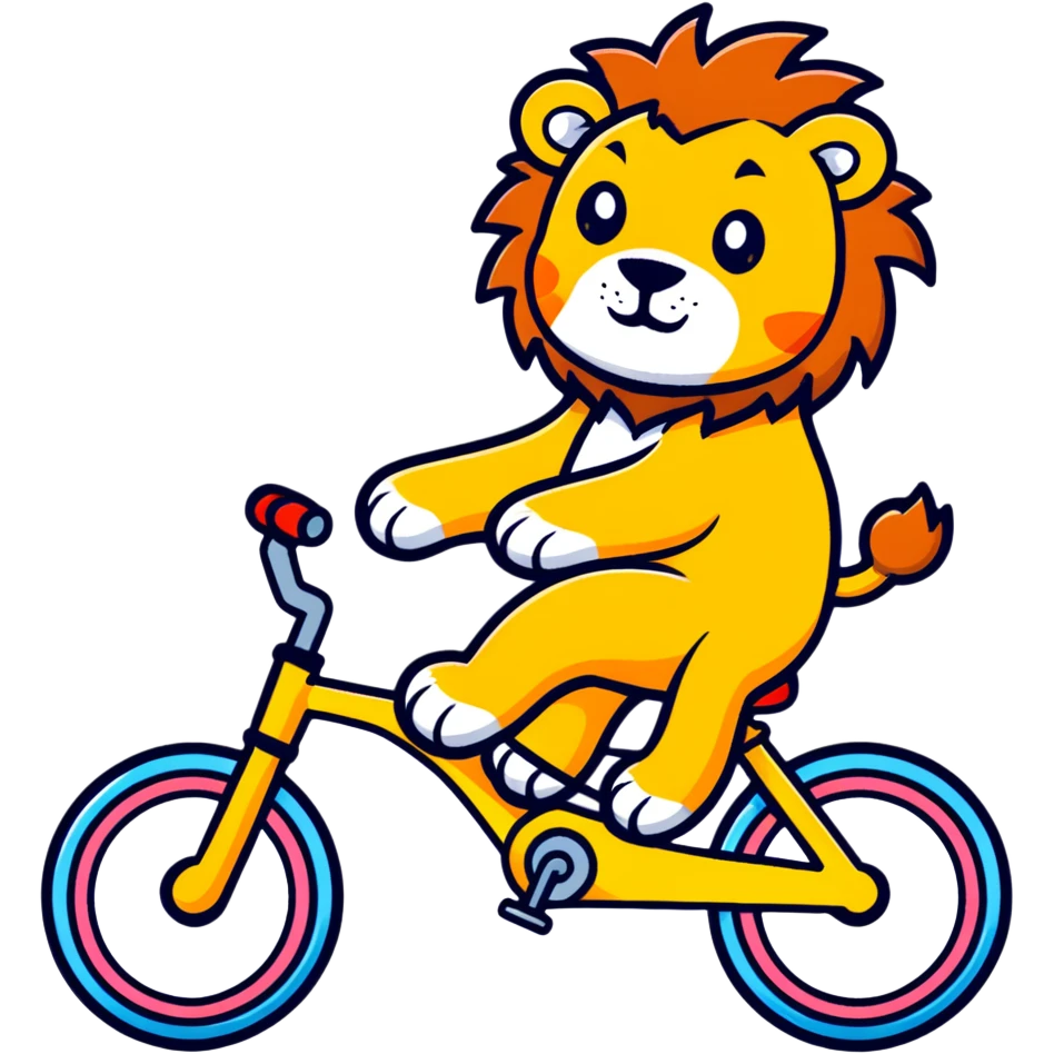 lion riding a bike, cartoon sticker style emoji