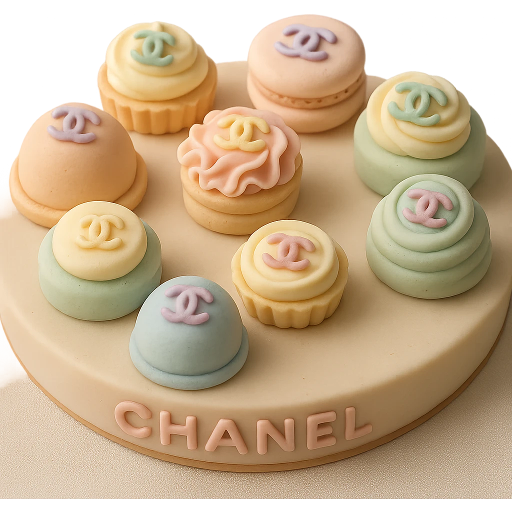 pastel fondant cake art style Chanel dessert platter with assorted mini pastries and logos emoji