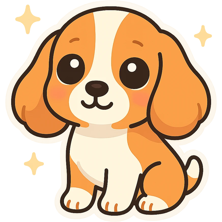 cute English cocker spaniel dog sticker, big expressive eyes with glossy highlights, rounded floppy ears, smooth orange-brown and white fur, kawaii cartoon style, soft shadows, clean outlines, shiny surface, highly detailed, vibrant colors, ultra adorable, puppy face, joyful and heart-melting expression, isolated on transparent background emoji
