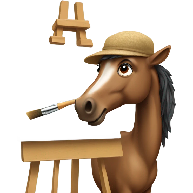 horse artist wearing a beret and standing in front of an easel with a paintbrush in his mouth emoji