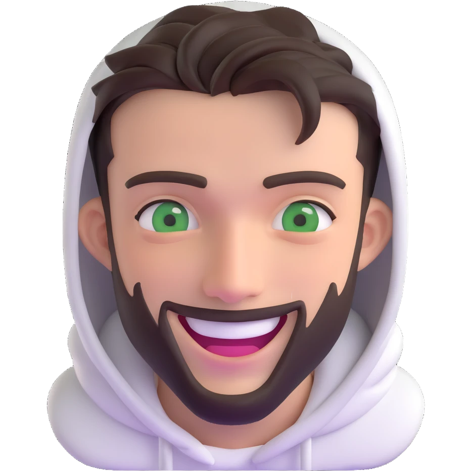 laughing guy with white hoodie, green eyes, dark brown undercut hairstyle and a short full beard emoji