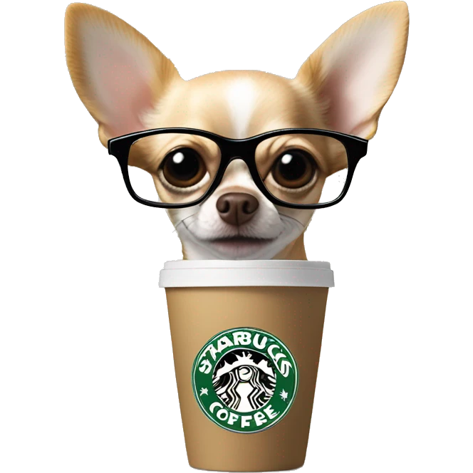 Chihuahua in black Prada glasses and with a Starbucks cup emoji