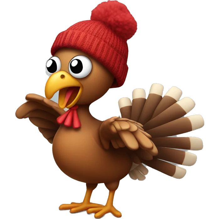 Dancing turkey with a beanie on its head emoji