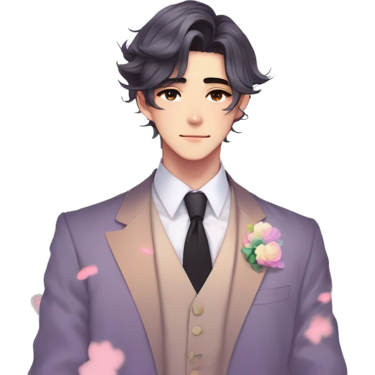 Gorgeous romantic sexy anime style Asian formal modern gentlemanly guy with pretty hair and flower petals and blushing face aesthetic trending style with colorful gradient colors  pastelcore cottagecore kawaiicore emoji