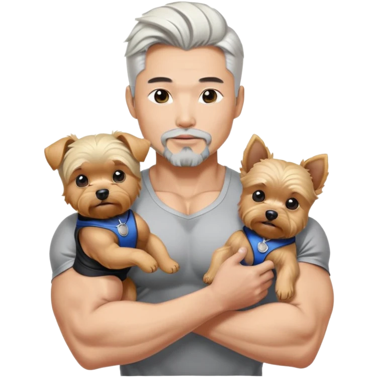  Holding silver blonde yorkie Korean Asian handsome man with black pointy hair full goatee and body builder biceps emoji