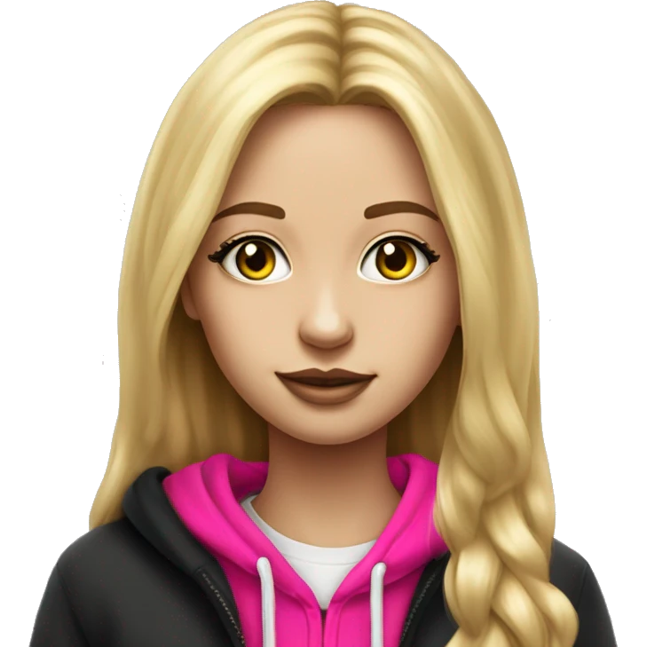 Pretty girl with long eyelashes and blonde long hair girl wearing a black hoodie with hot pink logo on the front drawing hypperrealistic  emoji