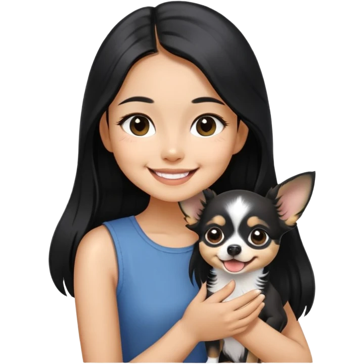 Smiling Thai girl with long black hair petting a tiny black and white Chihuahua emoji
