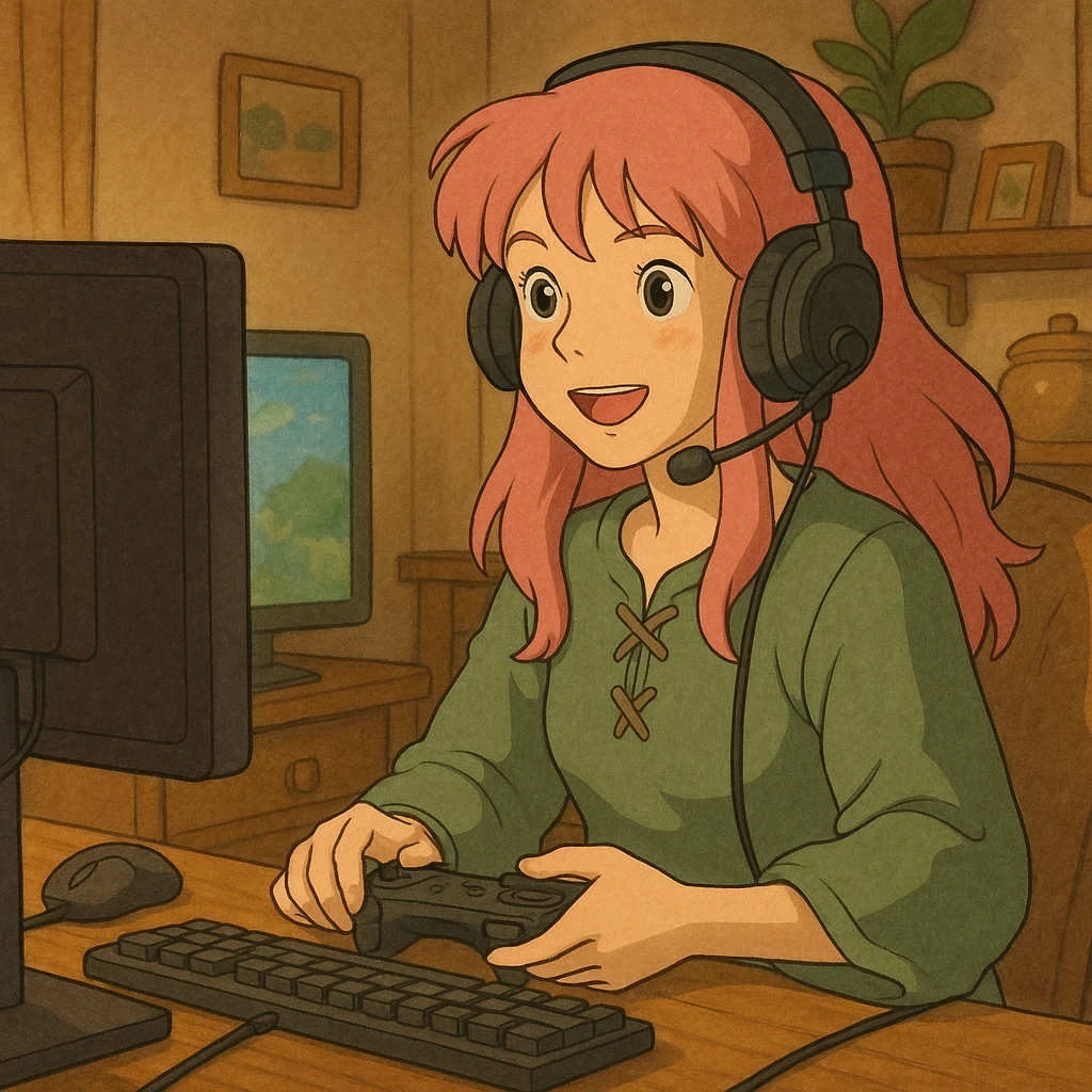girl with pink hair streaming and playing video games, in Ghibli style emoji