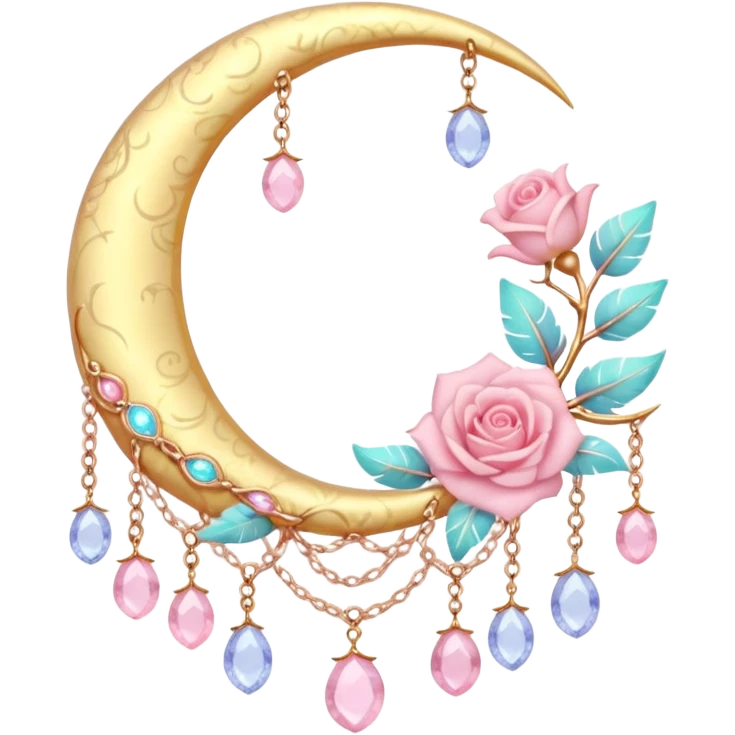 Rosy shiny glossy sparkly romantic pastel crescent damask moon with rose quartz pastel vines pastel gems pastel beads with feathers and chains  emoji
